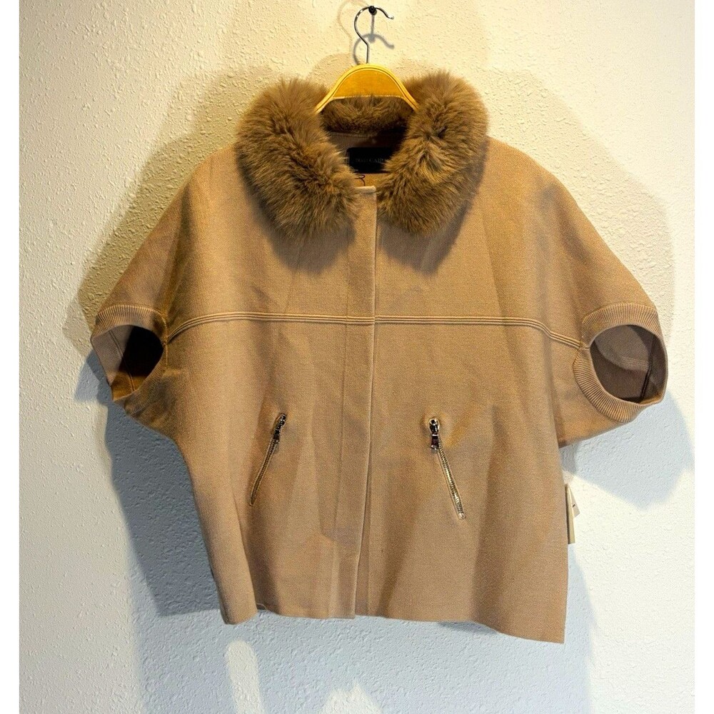 Dolce Cabo Taupe Knit Faux Fur Collar Short Sleeve Cardigan Pockets M/L